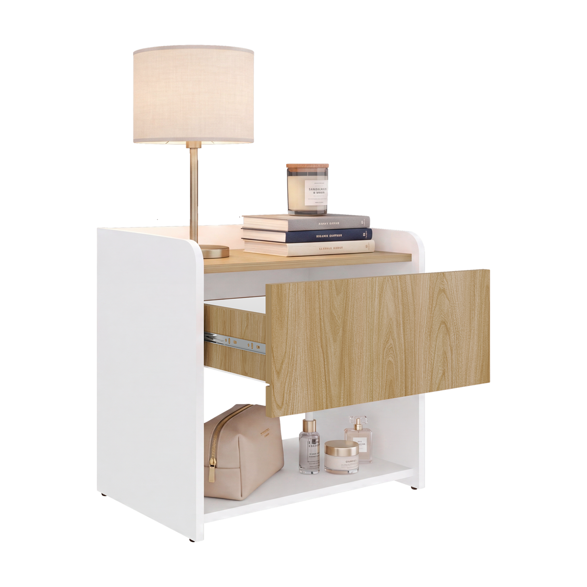 Mesa de Noche Fidelis, Blanco Duqueza y Fresno Europeo, con Diseño Moderno ZF