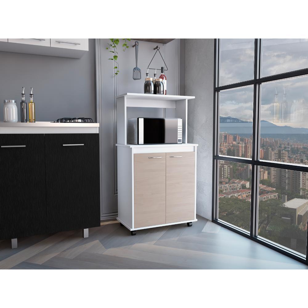 Módulo Microondas Bajo Italia, Blanco Duqueza y Nacar, Con dos puertas abatibles y rodachines