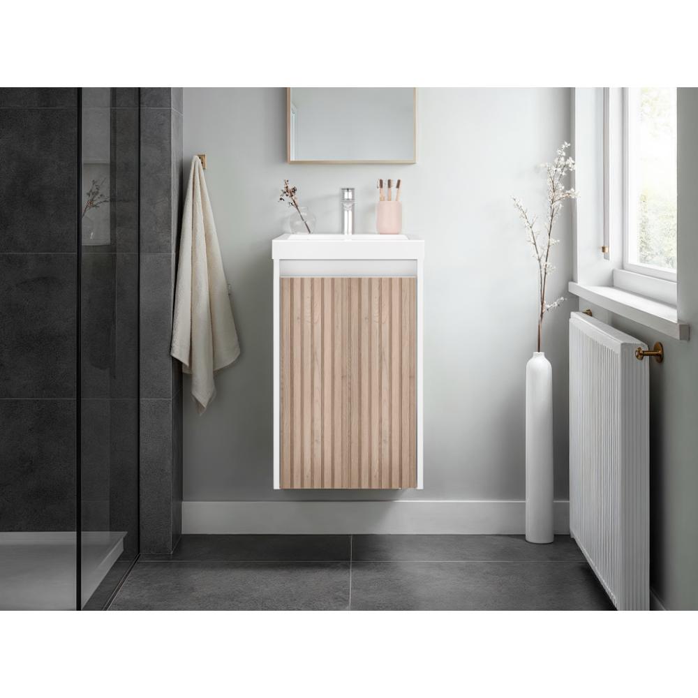 Mueble De Lavamanos Syra, Kronos Blanco Duqueza y Roble Natural, Con textura ranurada incluye lavamanos ZF