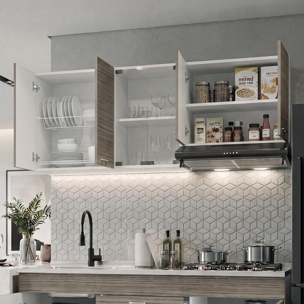 Gabinete Superior Lumina 150, Blanco Duqueza y Positano, con Cuatro Puertas Batientes