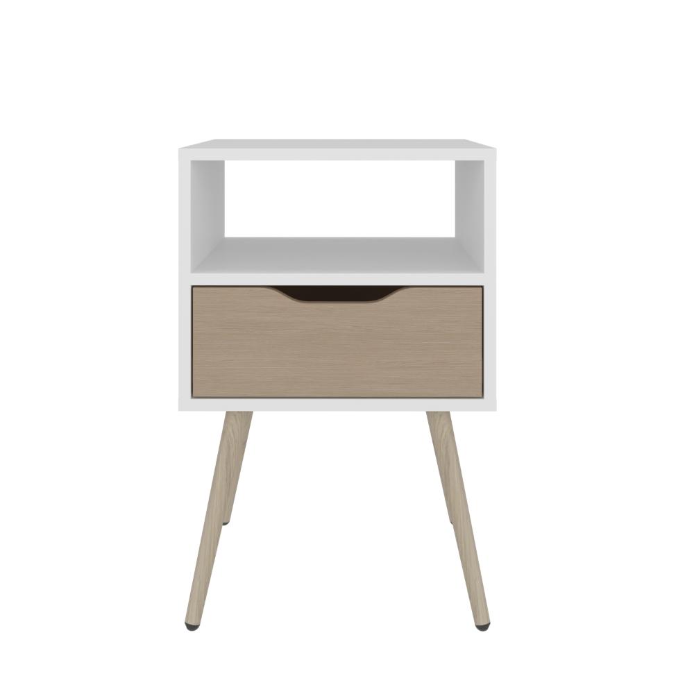 Mesa de Noche Alesio, Blanco y Cartagena, con Un Cajón