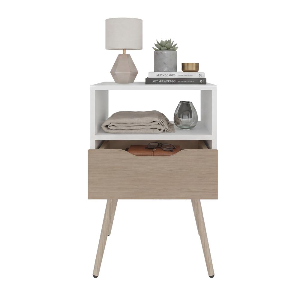 Mesa de Noche Alesio, Blanco y Cartagena, con Un Cajón