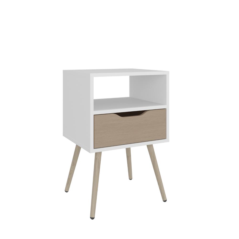 Mesa de Noche Alesio, Blanco y Cartagena, con Patas en Madera y un Cajón X2