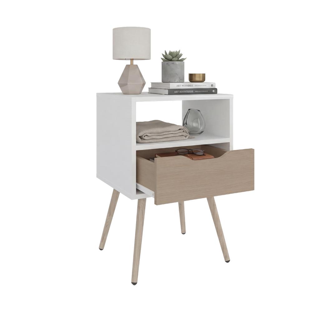 Mesa de Noche Alesio, Blanco y Cartagena, con Patas en Madera y un Cajón X2