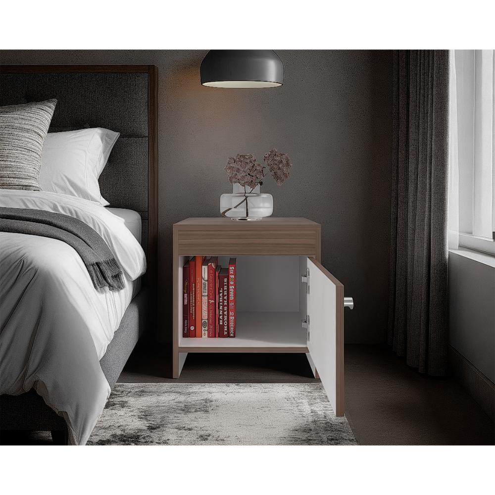 Mesa de Noche Tutto, Avellana y Blanco, Con Un Cajón Amplio Ideal Para Espacios Pequeños