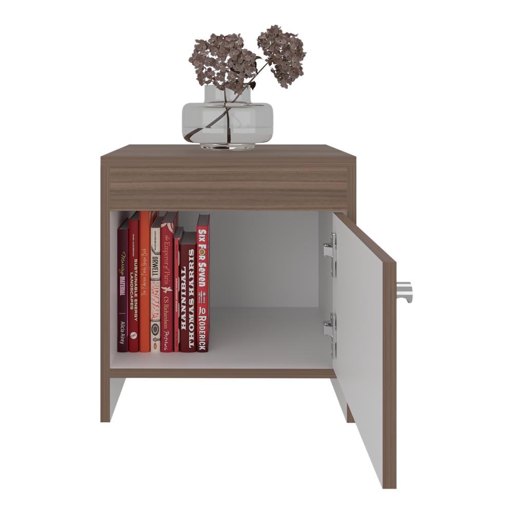 Mesa de Noche Tutto, Avellana y Blanco, Con Un Cajón Amplio Ideal Para Espacios Pequeños