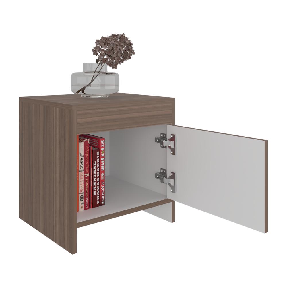 Mesa de Noche Tutto, Avellana y Blanco, Con Un Cajón Amplio Ideal Para Espacios Pequeños