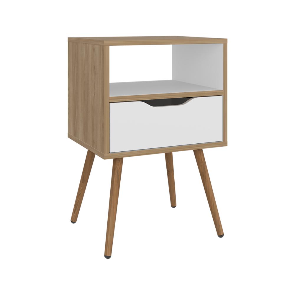 Set de 2 Mesas de Noche Alesio, Fresno Europeo y Blanco, con Patas en Madera y un Cajón