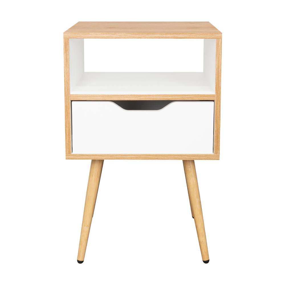 Mesa de Noche Alesio, Fresno Europeo y Blanco, con Patas en Madera y un Cajón