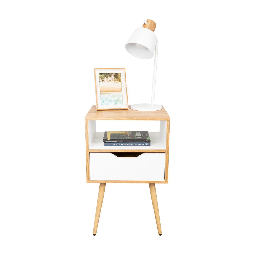 Mesa de Noche Alesio, Fresno Europeo y Blanco, con Patas en Madera y un Cajón