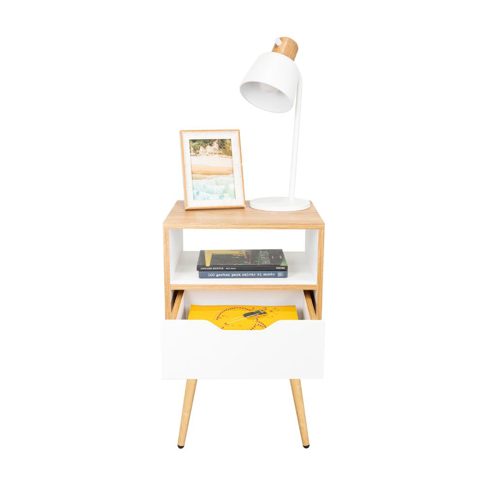 Mesa de Noche Alesio, Fresno Europeo y Blanco, con Patas en Madera y un Cajón