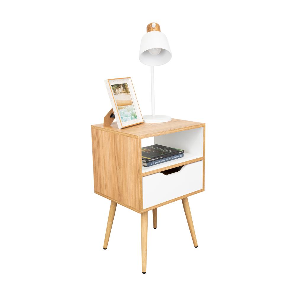 Mesa de Noche Alesio, Fresno Europeo y Blanco, con Patas en Madera y un Cajón