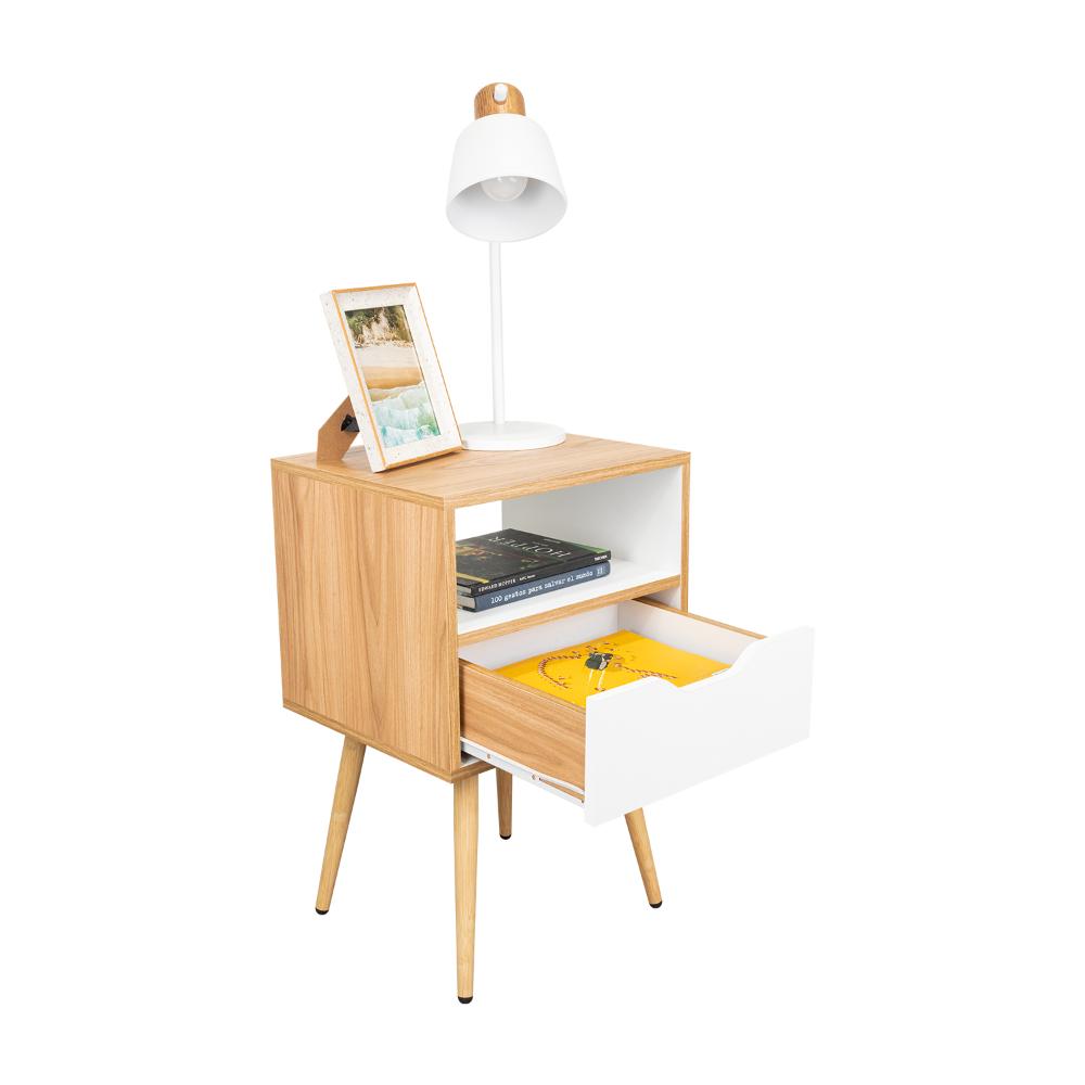 Mesa de Noche Alesio, Fresno Europeo y Blanco, con Patas en Madera y un Cajón