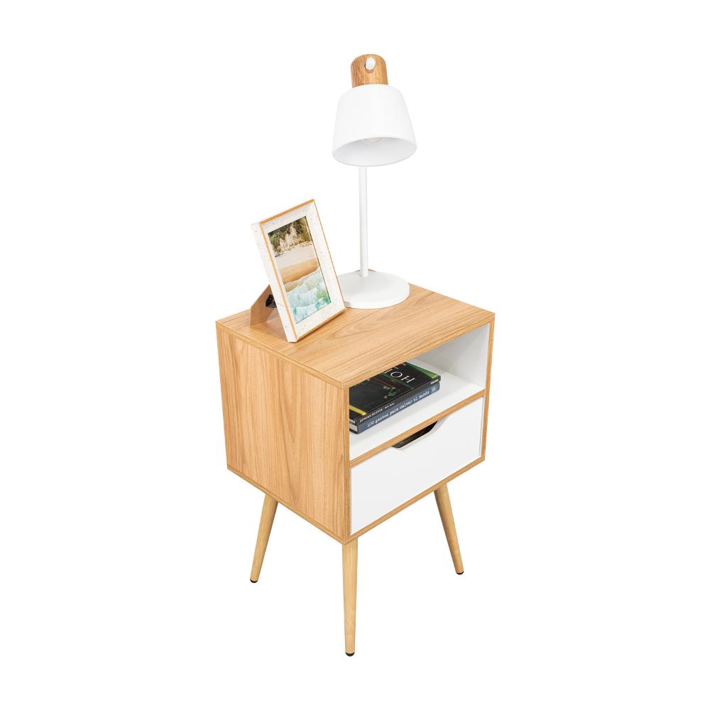 Mesa de Noche Alesio, Fresno Europeo y Blanco, con Patas en Madera y un Cajón