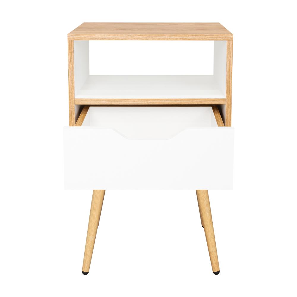 Mesa de Noche Alesio, Fresno Europeo y Blanco, con Patas en Madera y un Cajón