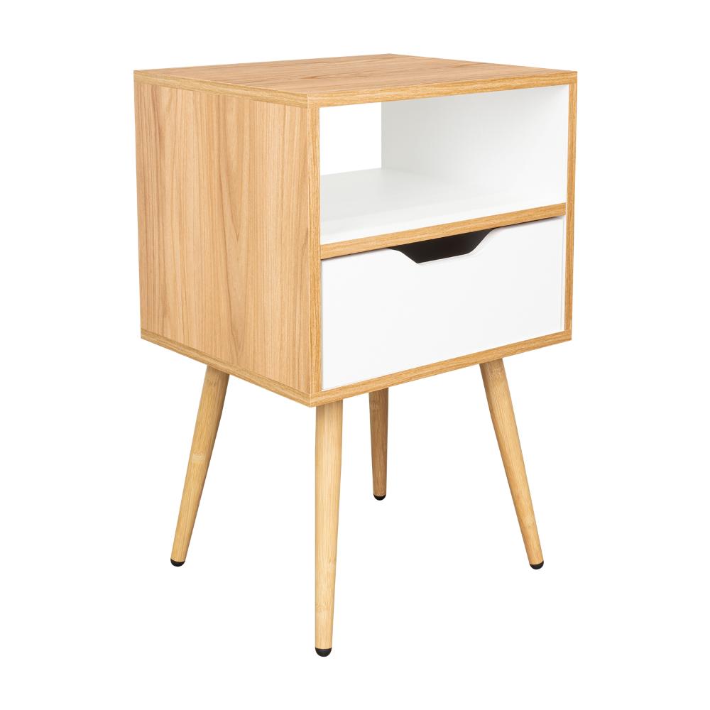 Mesa de Noche Alesio, Fresno Europeo y Blanco, con Patas en Madera y un Cajón