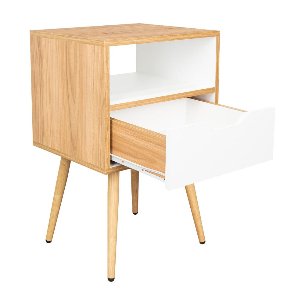 Mesa de Noche Alesio, Fresno Europeo y Blanco, con Patas en Madera y un Cajón