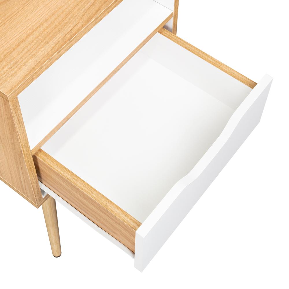 Mesa de Noche Alesio, Fresno Europeo y Blanco, con Patas en Madera y un Cajón
