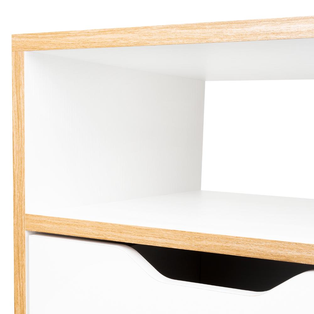 Mesa de Noche Alesio, Fresno Europeo y Blanco, con Patas en Madera y un Cajón