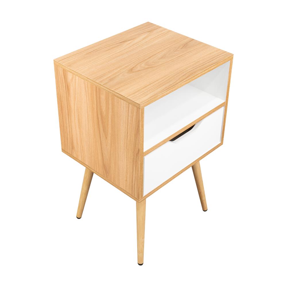 Mesa de Noche Alesio, Fresno Europeo y Blanco, con Patas en Madera y un Cajón