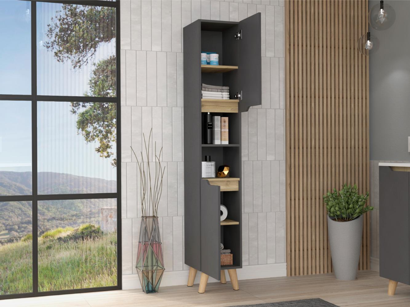 Estanteria de Baño Vicent, Plata Oscuro y Café Claro, con Dos Puertas Abatibles y Entrepaños