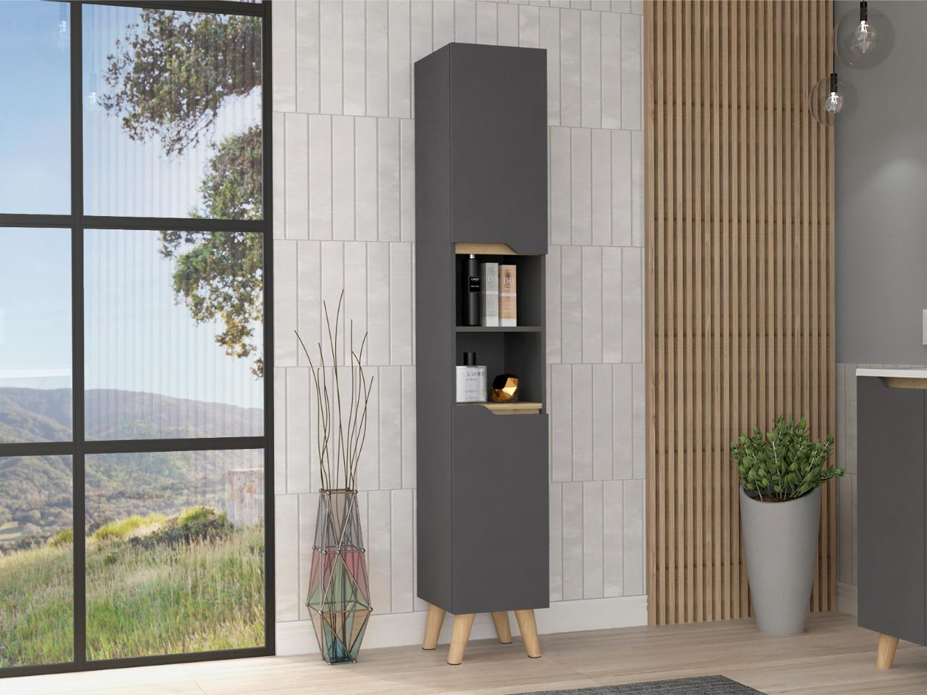 Estanteria de Baño Vicent, Plata Oscuro y Café Claro, con Dos Puertas Abatibles y Entrepaños