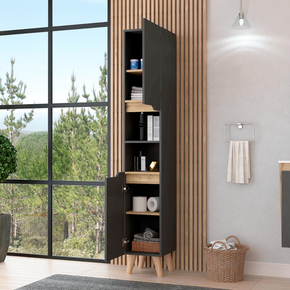 Estanteria de Baño Vicent, Plata Oscuro y Café Claro, con Dos Puertas Abatibles y Entrepaños