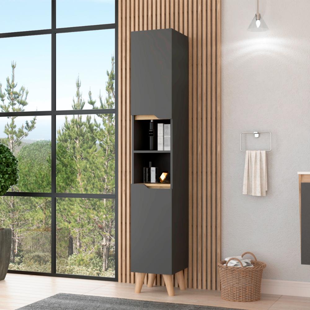 Estanteria de Baño Vicent, Plata Oscuro y Café Claro, con Dos Puertas Abatibles y Entrepaños