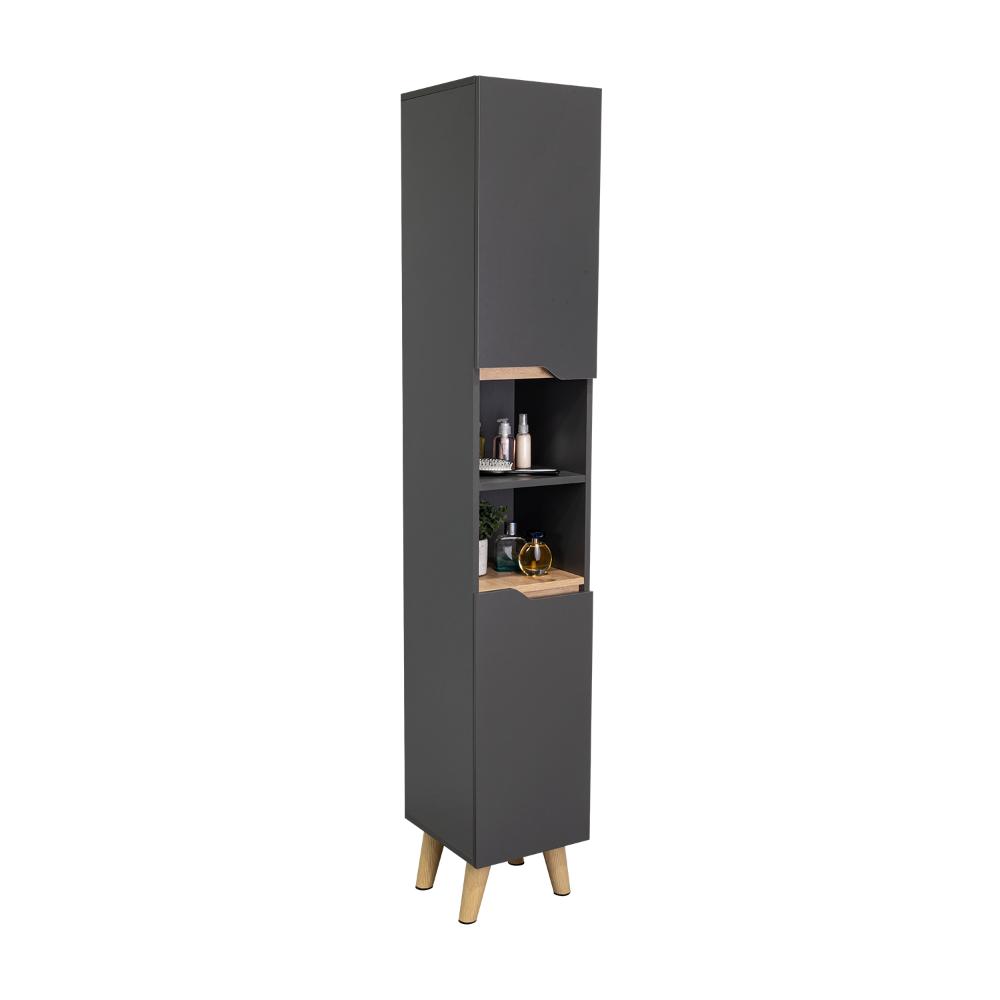 Estanteria de Baño Vicent, Plata Oscuro y Café Claro, con Dos Puertas Abatibles y Entrepaños