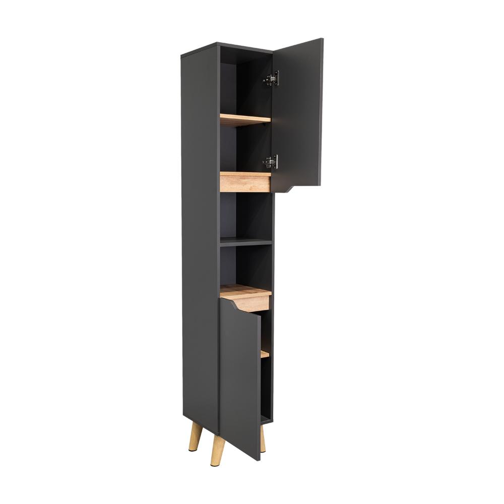 Estanteria de Baño Vicent, Plata Oscuro y Café Claro, con Dos Puertas Abatibles y Entrepaños