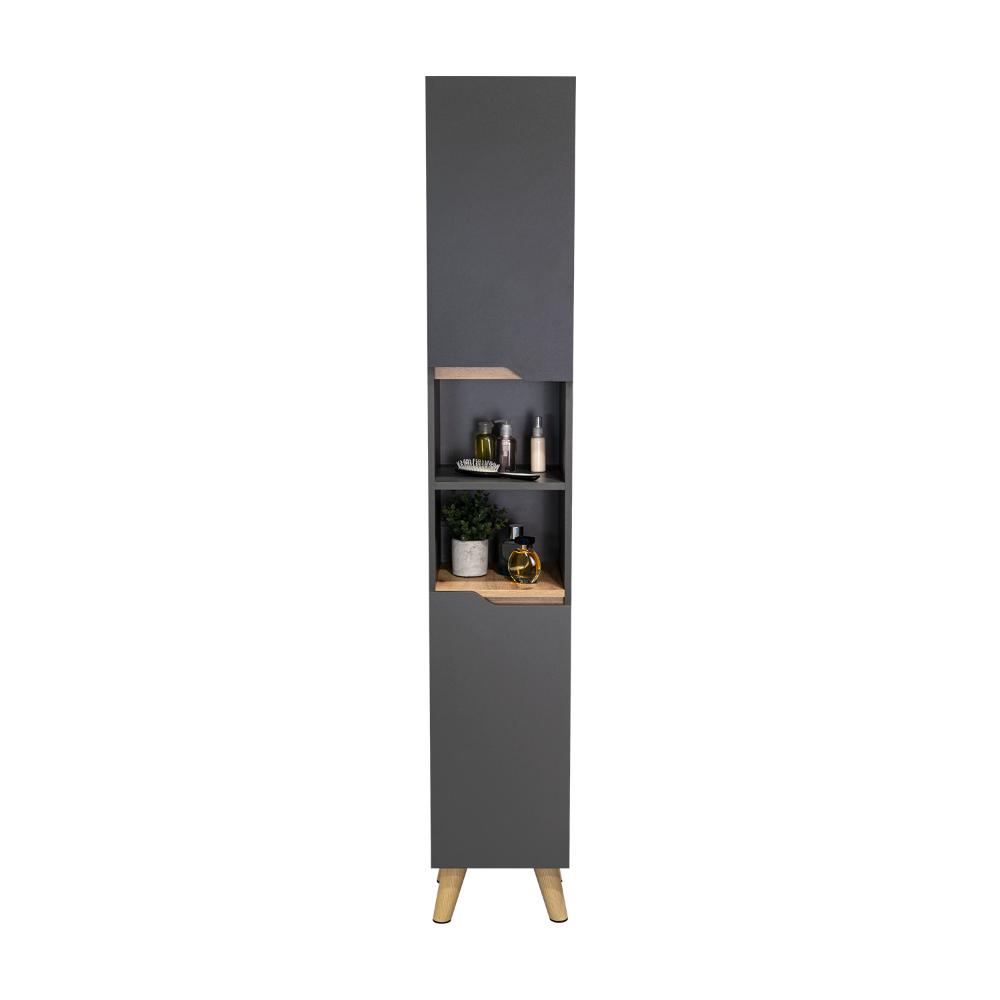 Estanteria de Baño Vicent, Plata Oscuro y Café Claro, con Dos Puertas Abatibles y Entrepaños