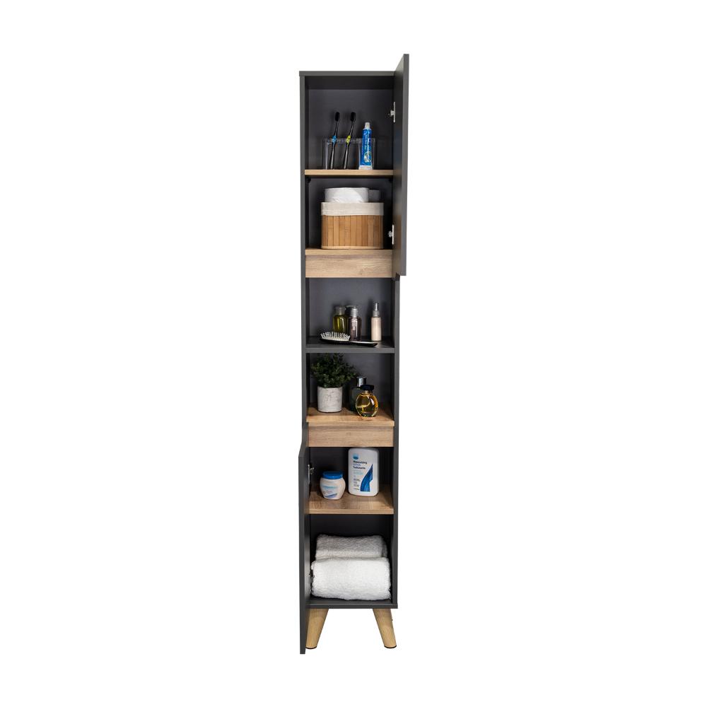 Estanteria de Baño Vicent, Plata Oscuro y Café Claro, con Dos Puertas Abatibles y Entrepaños