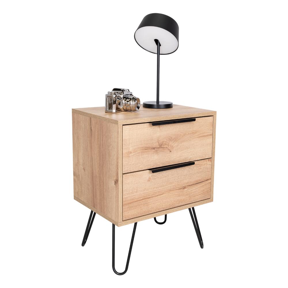 Mesa de Noche Concept, Café Claro y Wengue, con Dos Cajones Organizadores y Patas Metálicas X2