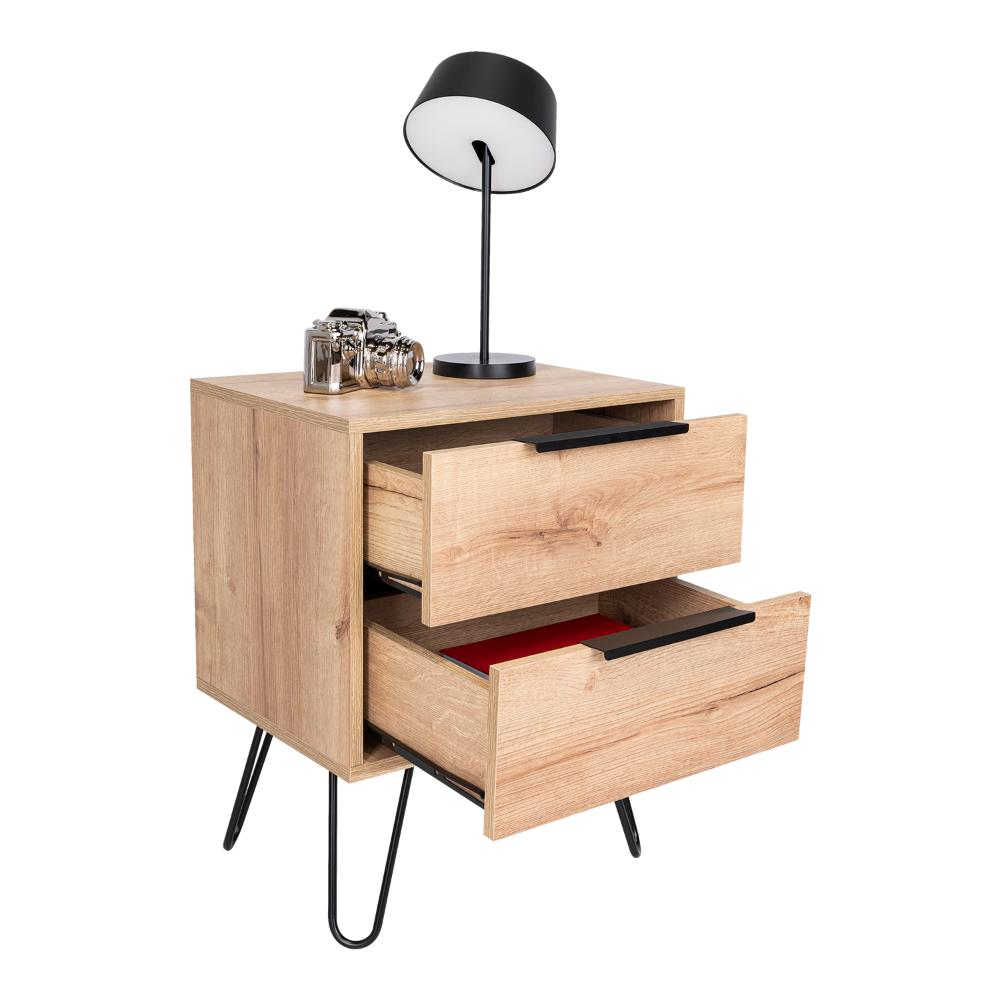 Mesa de Noche Concept, Café Claro y Wengue, con Dos Cajones Organizadores y Patas Metálicas X2
