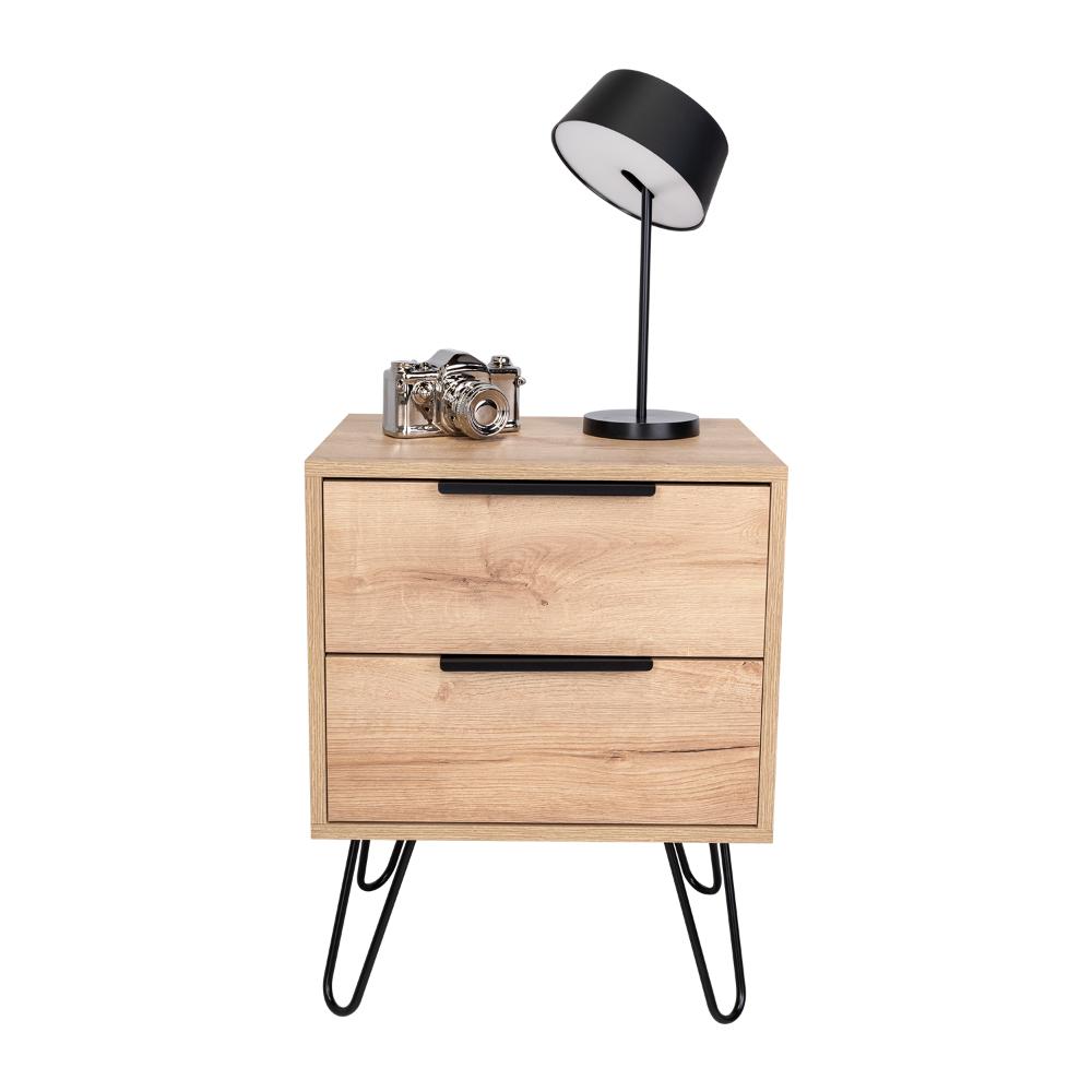 Mesa de Noche Concept, Café Claro y Wengue, con Dos Cajones Organizadores y Patas Metálicas X2