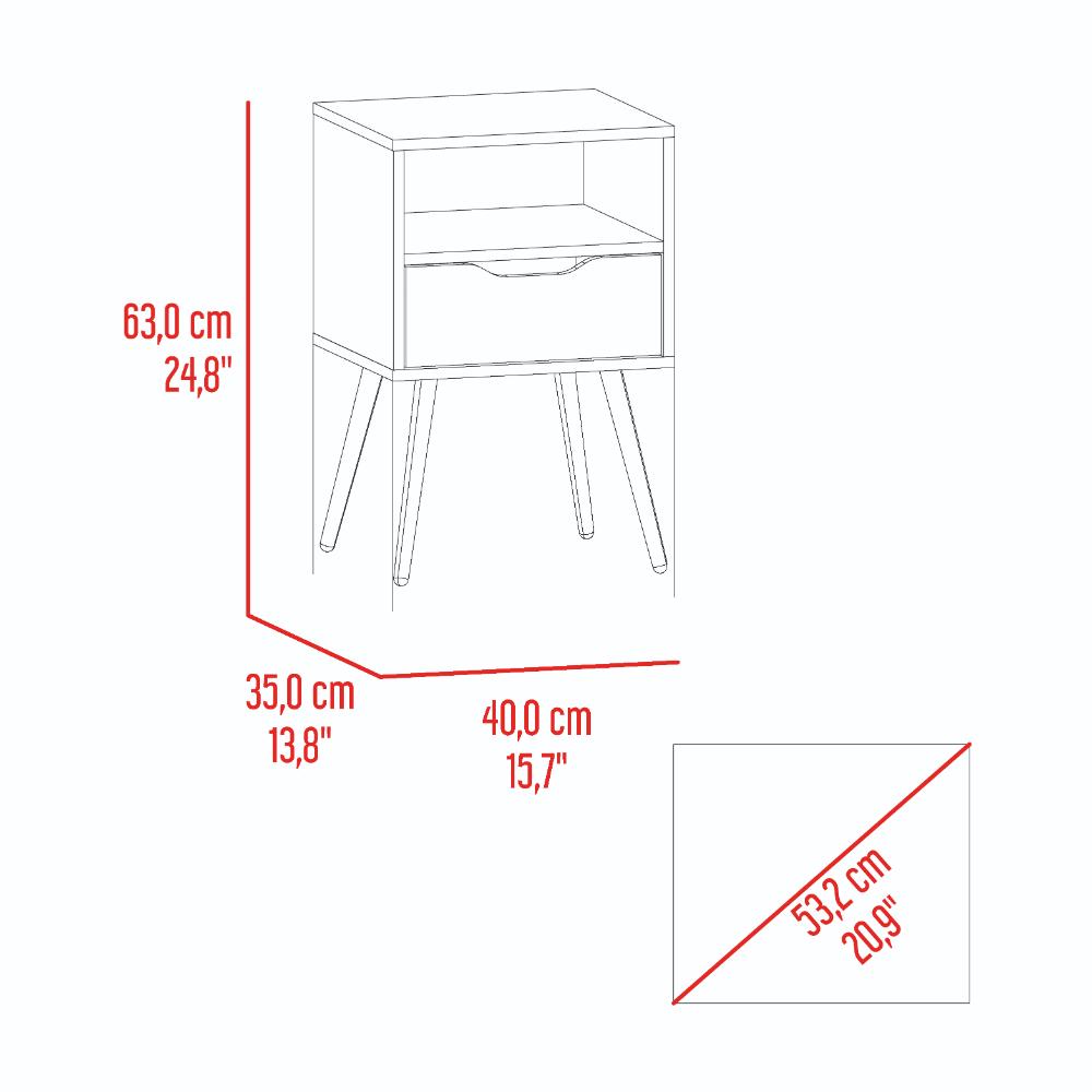 Set de 2 Mesas de Noche Alesio, Fresno Europeo y Blanco, con Patas en Madera y un Cajón