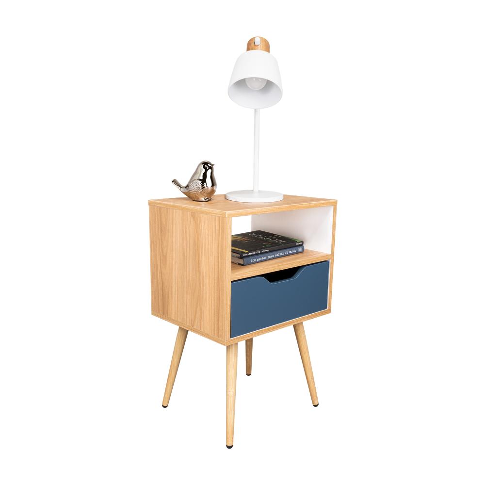 Mesa de Noche Alesio, Fresno Europeo y Blanco Kronos Azul, con Patas en Madera y un Cajón