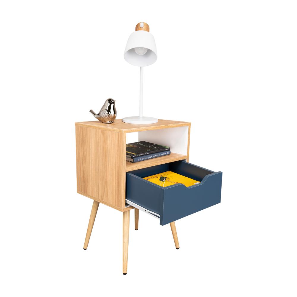 Mesa de Noche Alesio, Fresno Europeo y Blanco Kronos Azul, con Patas en Madera y un Cajón