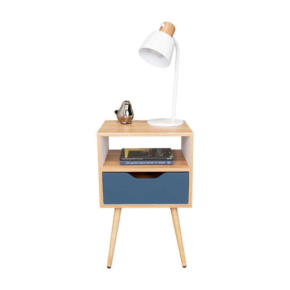 Mesa de Noche Alesio, Fresno Europeo y Blanco Kronos Azul, con Patas en Madera y un Cajón
