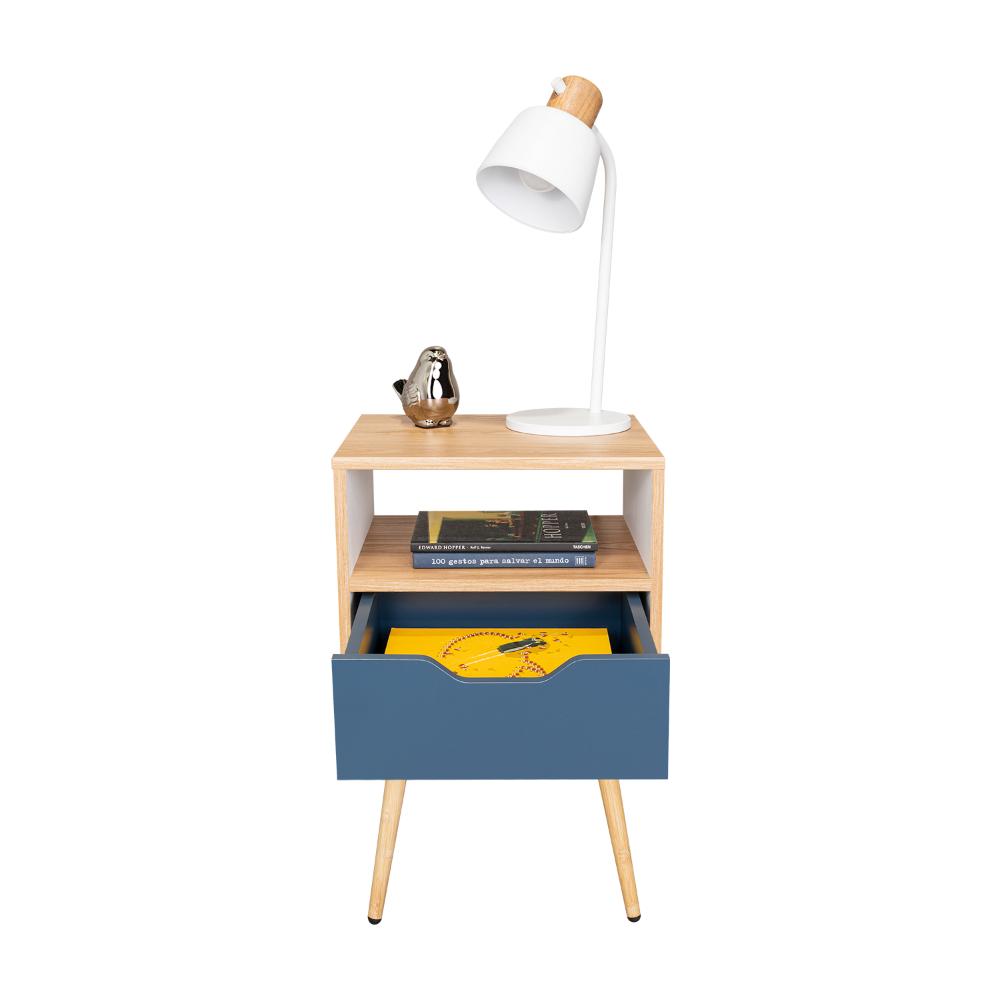 Mesa de Noche Alesio, Fresno Europeo y Blanco Kronos Azul, con Patas en Madera y un Cajón