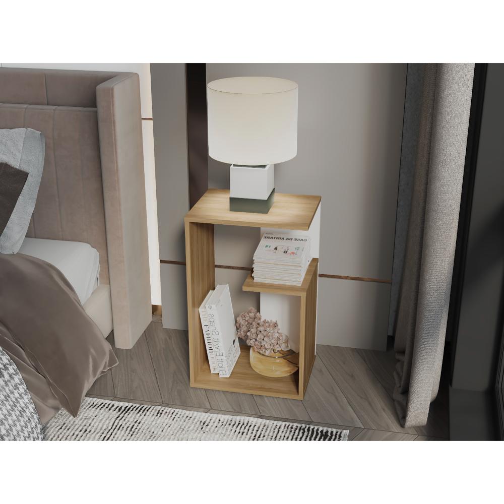 Mesa de Noche Evert, Fresno Europeo y Blanco, con Diseño Moderno y Espacio para Ubicar Objetos