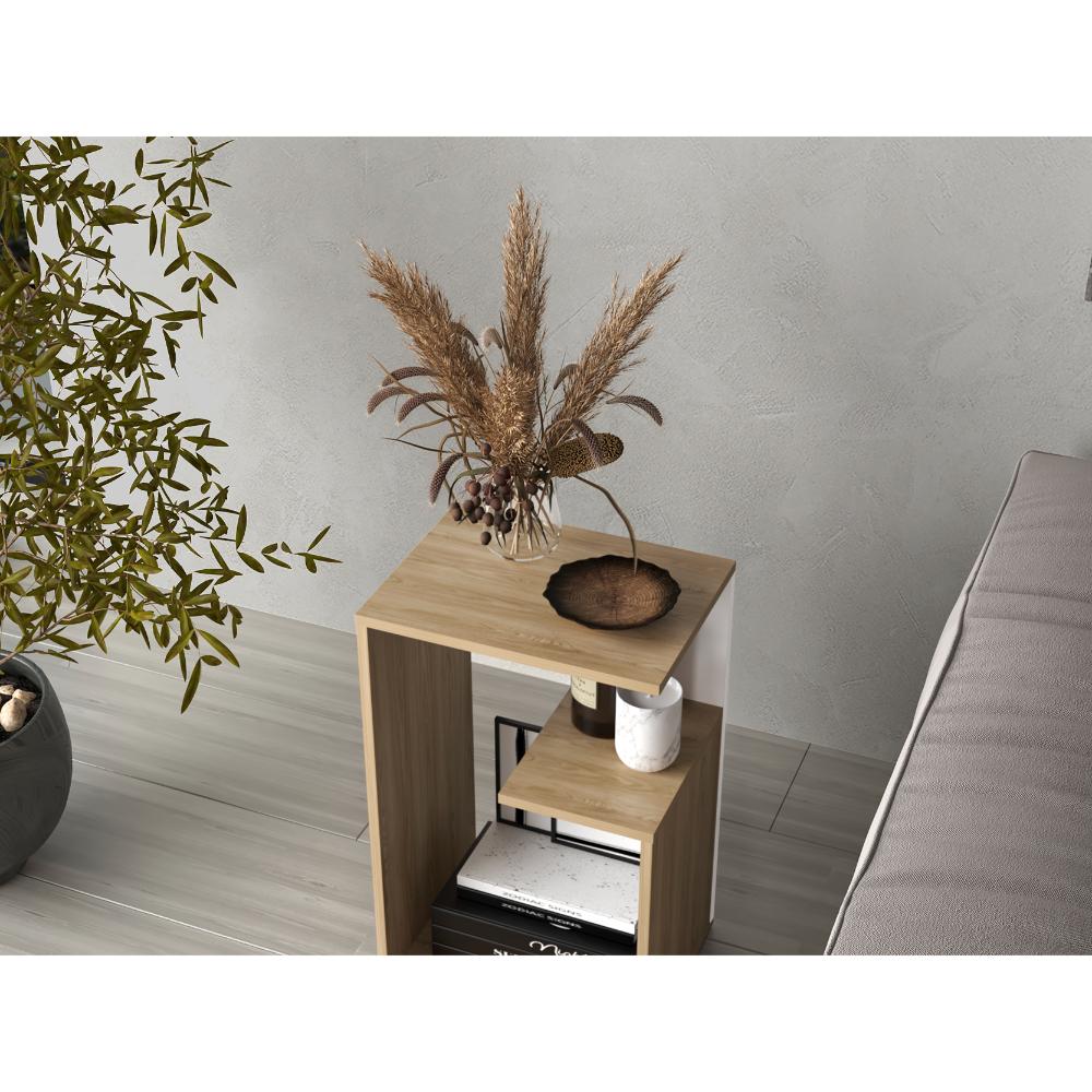 Mesa de Noche Evert, Fresno Europeo y Blanco, con Diseño Moderno y Espacio para Ubicar Objetos