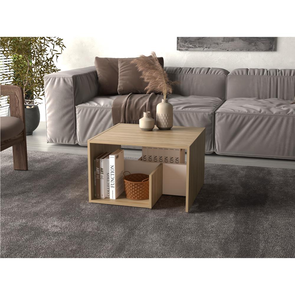 Mesa de Noche Evert, Fresno Europeo y Blanco, con Diseño Moderno y Espacio para Ubicar Objetos