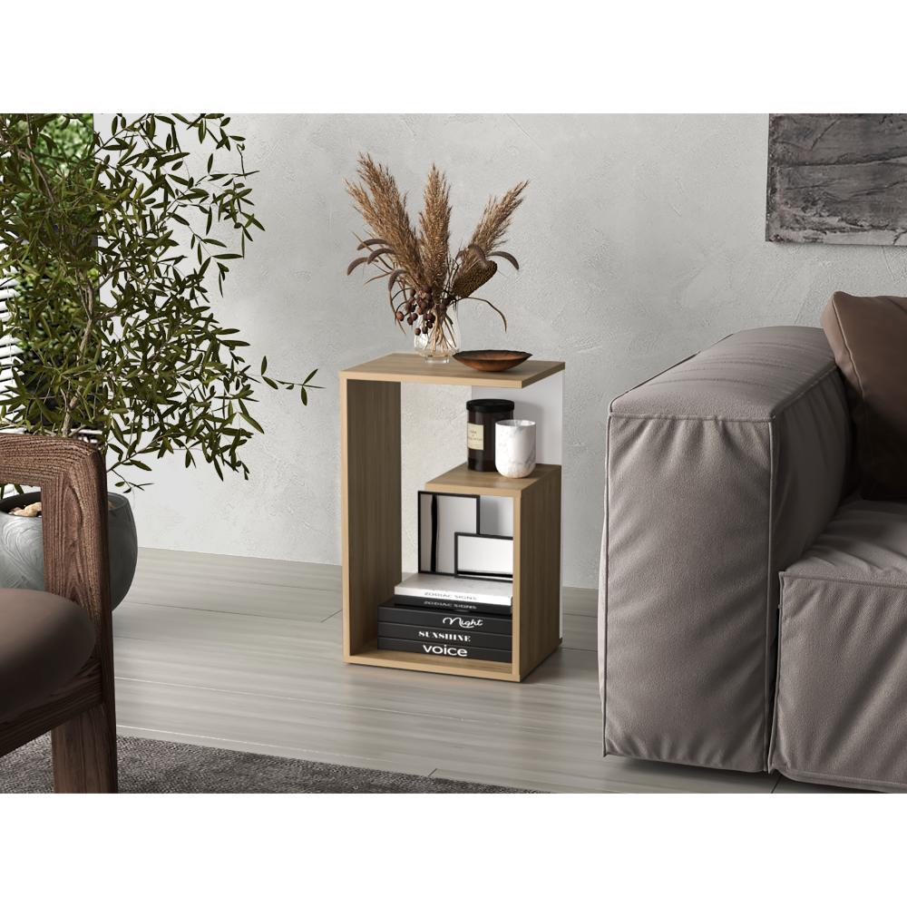 Mesa de Noche Evert, Fresno Europeo y Blanco, con Diseño Moderno y Espacio para Ubicar Objetos