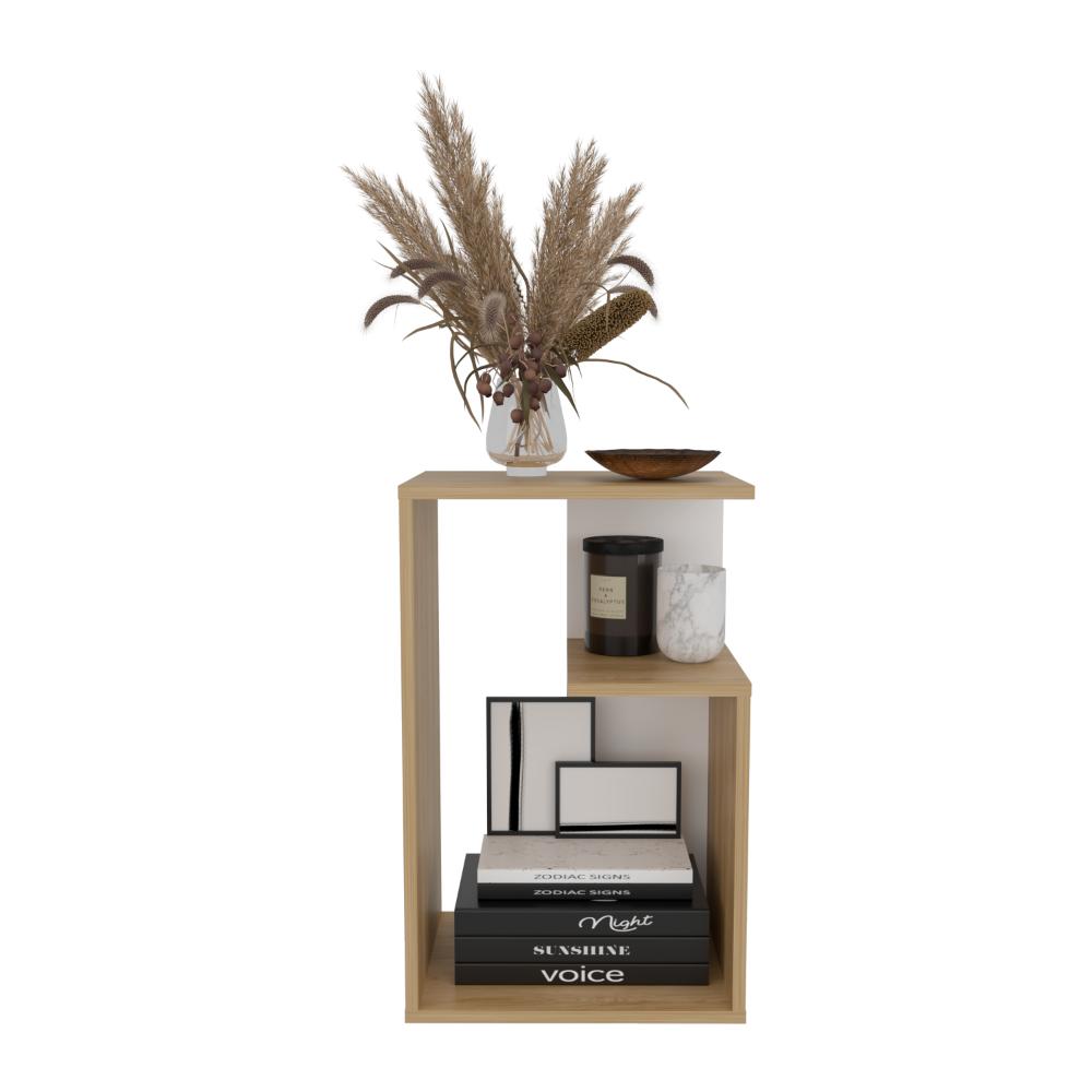 Mesa de Noche Evert, Fresno Europeo y Blanco, con Diseño Moderno y Espacio para Ubicar Objetos