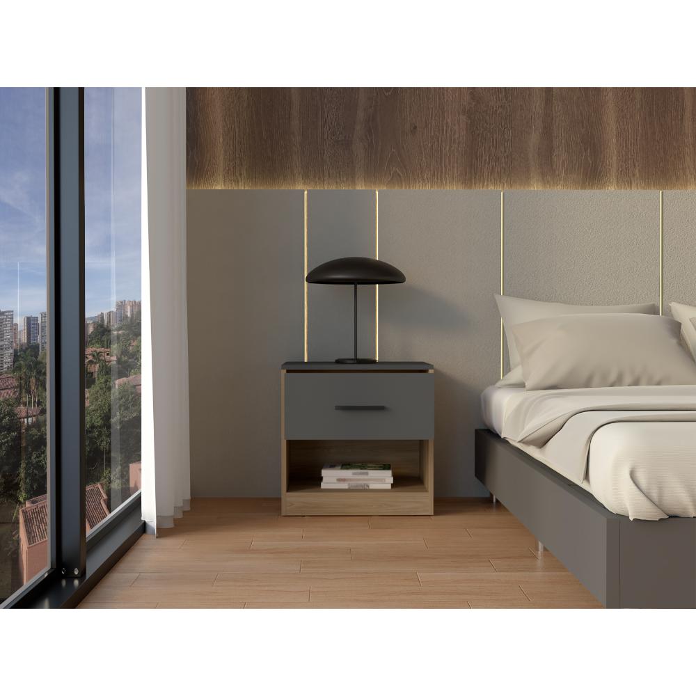 Mesa de Noche Ader, Plata Oscuro y Fresno Europeo, facil armado e instalación