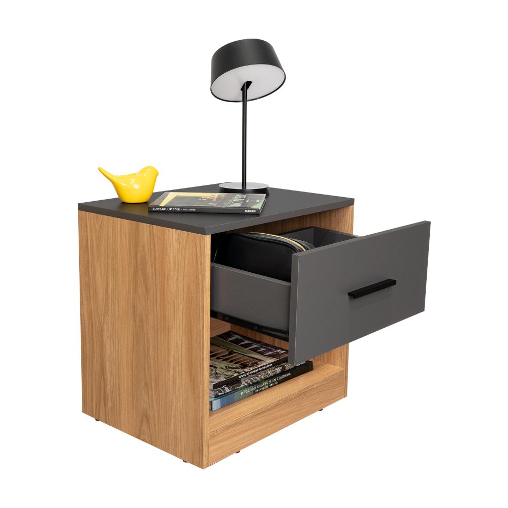 Mesa de Noche Ader, Plata Oscuro y Fresno Europeo, facil armado e instalación