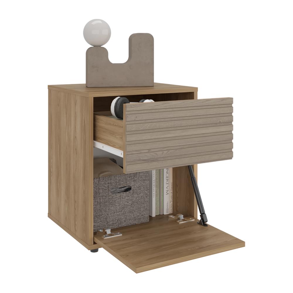 Mesa de Noche Wandda, Fresno Europeo y Roble Natural, con un cajón para guardar objetos