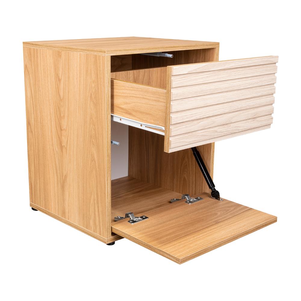 Mesa de Noche Wandda, Fresno Europeo y Roble Natural, con un cajón para guardar objetos