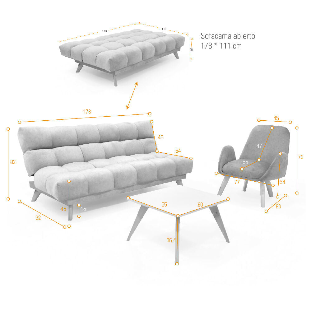 Sala Con Sofa Cama Nubo Plata + Poltrona Sibu Salmon Y Mesa de Centro Nova